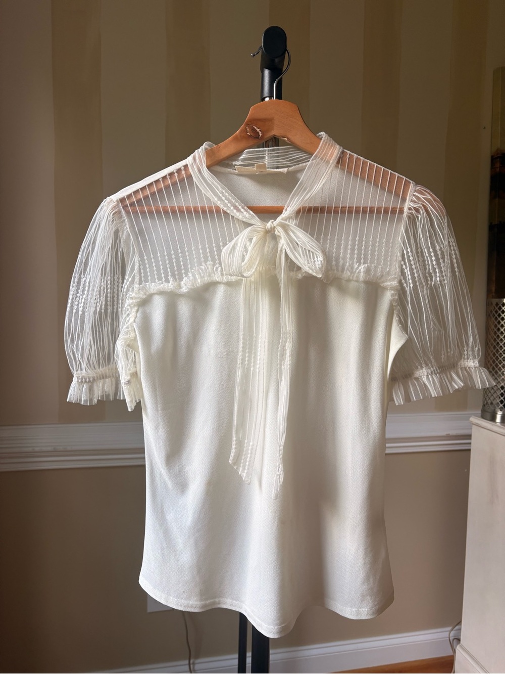 Sweet Wanderer Cream Sheer-Yoke Tie-Neck Blouse